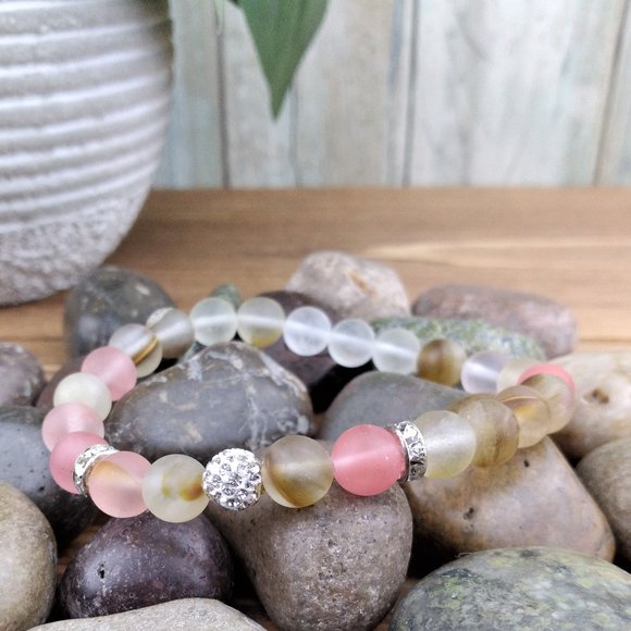Jewelry - Cherry Quartz and Rhinestone Ball Beaded Stretch Bracelet